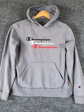 Champion Hoodie Men's (XL) Gray Triple Script Logo Pullover Fleece Sweatshirt. *